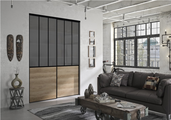 Porte Atelier 
Chêne Vintage et Verre Dépoli Gris - Profil Premier Noir.